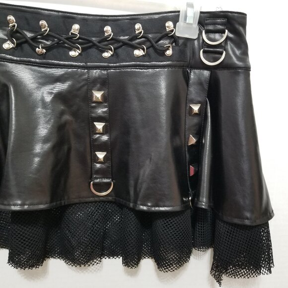 Living Dead Souls skirt XL micro mini goth studded pleather PVC fishnet stretch - Picture 4 of 14